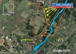 Trasa Jedwabno - Lubicz Dolny (porządkujemy odcinek zaznaczony na żółto). Fot. Google Earth