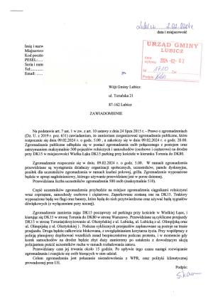 Pismo przewodniczącego zgromadzenia Daniela Sikory