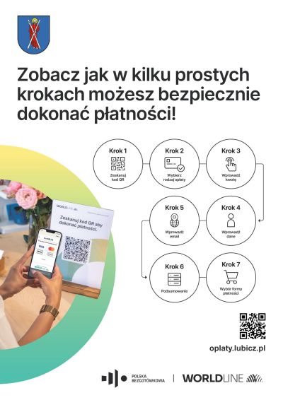 Plakat informacyjny z dedykowanym gminie Lubicz kodem QR