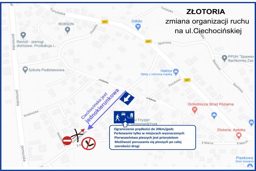 Ul. Ciechocińska w Złotorii jest jednokierunkowa - wjazd od ul. Toruńskiej.