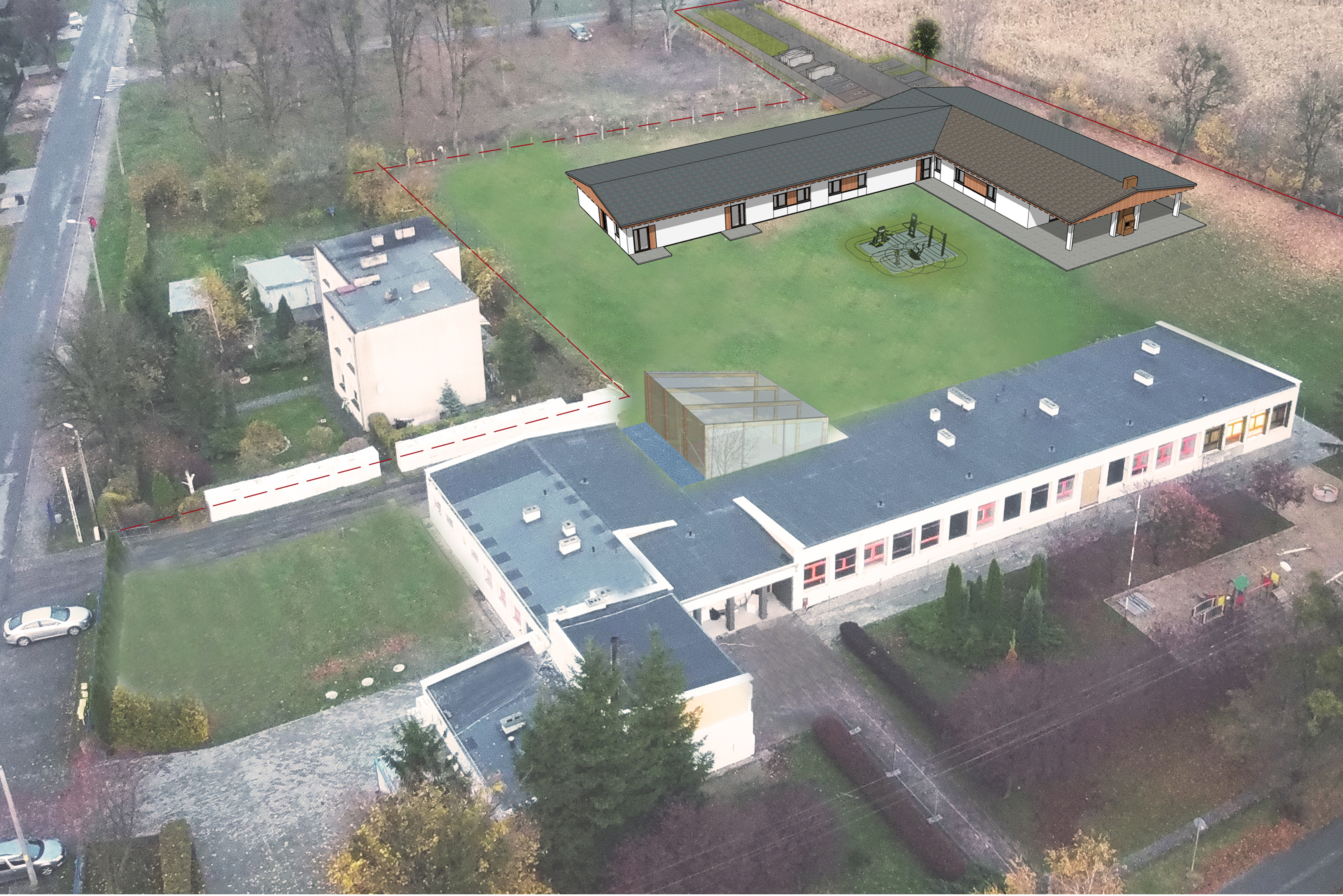 Budujemy Centrum Opiekuńczo-Mieszkalne w Gronowie. Widok z lotu ptaka (koncepcja)
